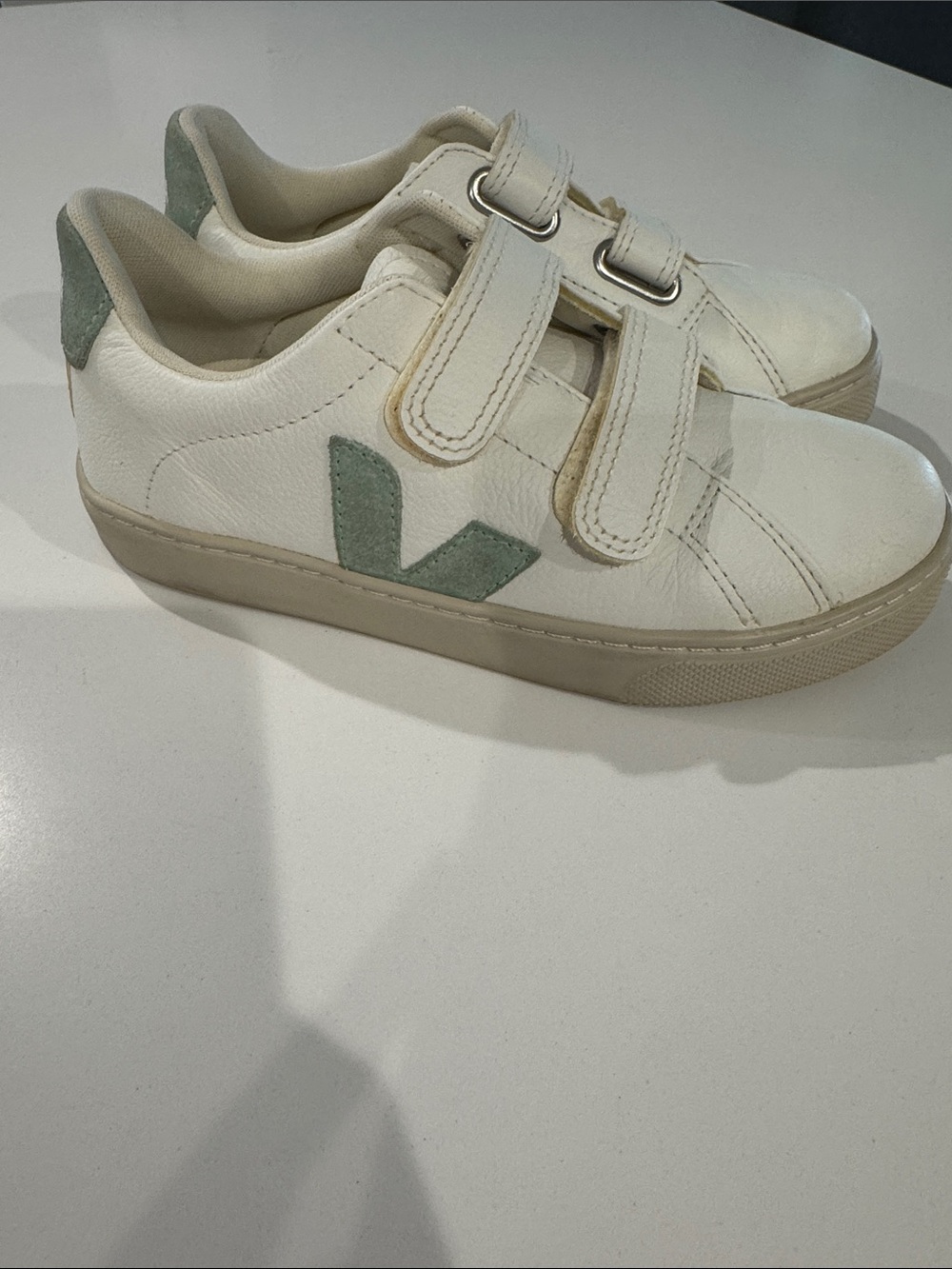 Veja Kids White Sneakers with Green V Accent - Velcro Straps